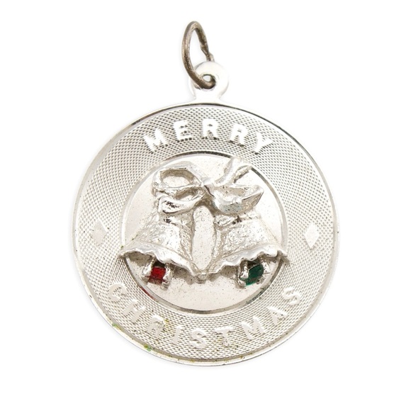 Vintage Sterling Silver Merry Christmas Bells Charm Pendant Retro Winter Holiday - Picture 1 of 4